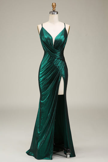 Hot Mermaid Spaghetti Straps Dark Green Long Formal Dress with Open Back